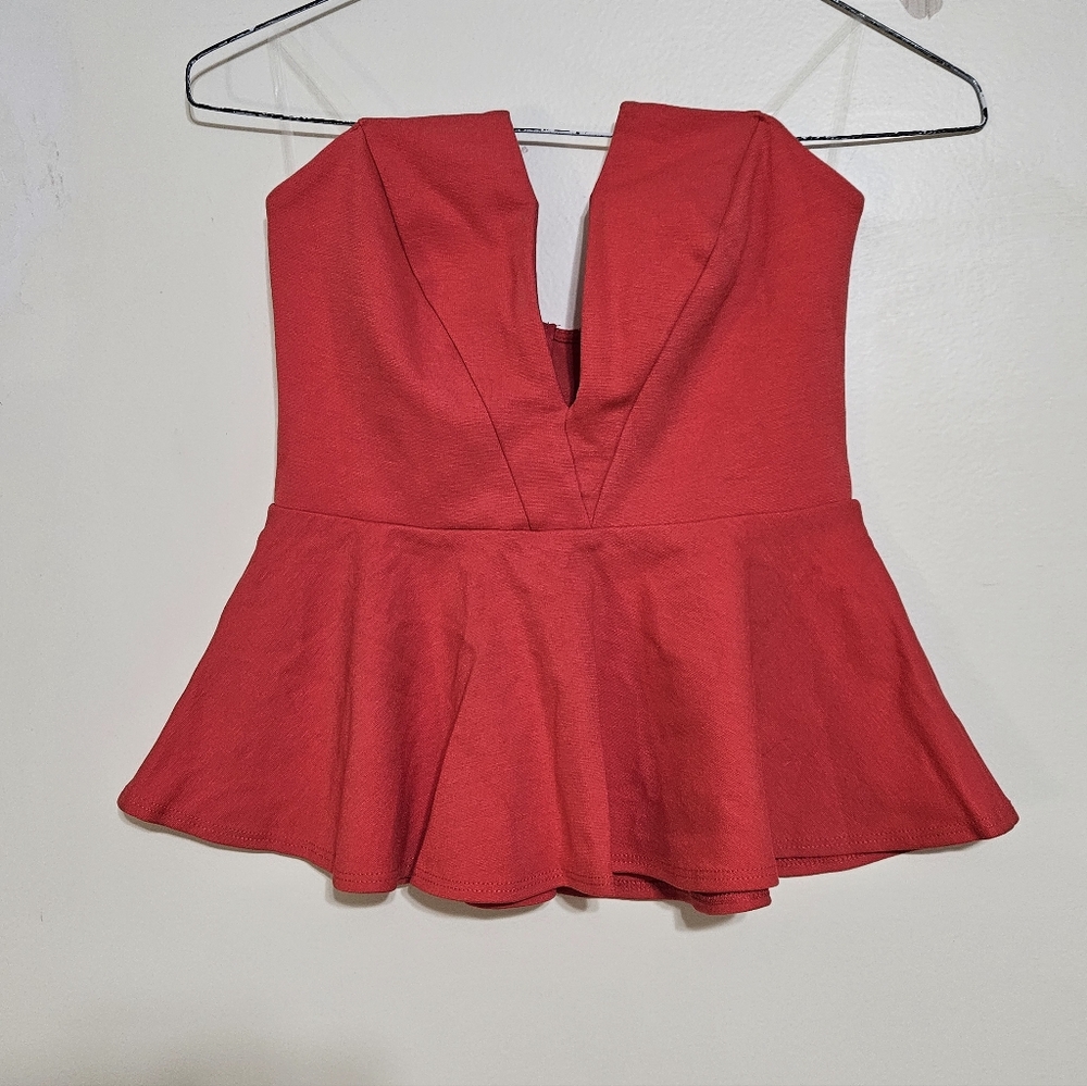 Solemio Deep V Pop Of Red Cherry Girl Sexy Strapless Red Peplum Top Sz S